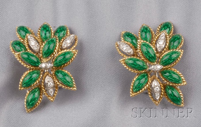 Appraisal: kt Gold Enamel and Diamond Leaf Earclips the basse taille