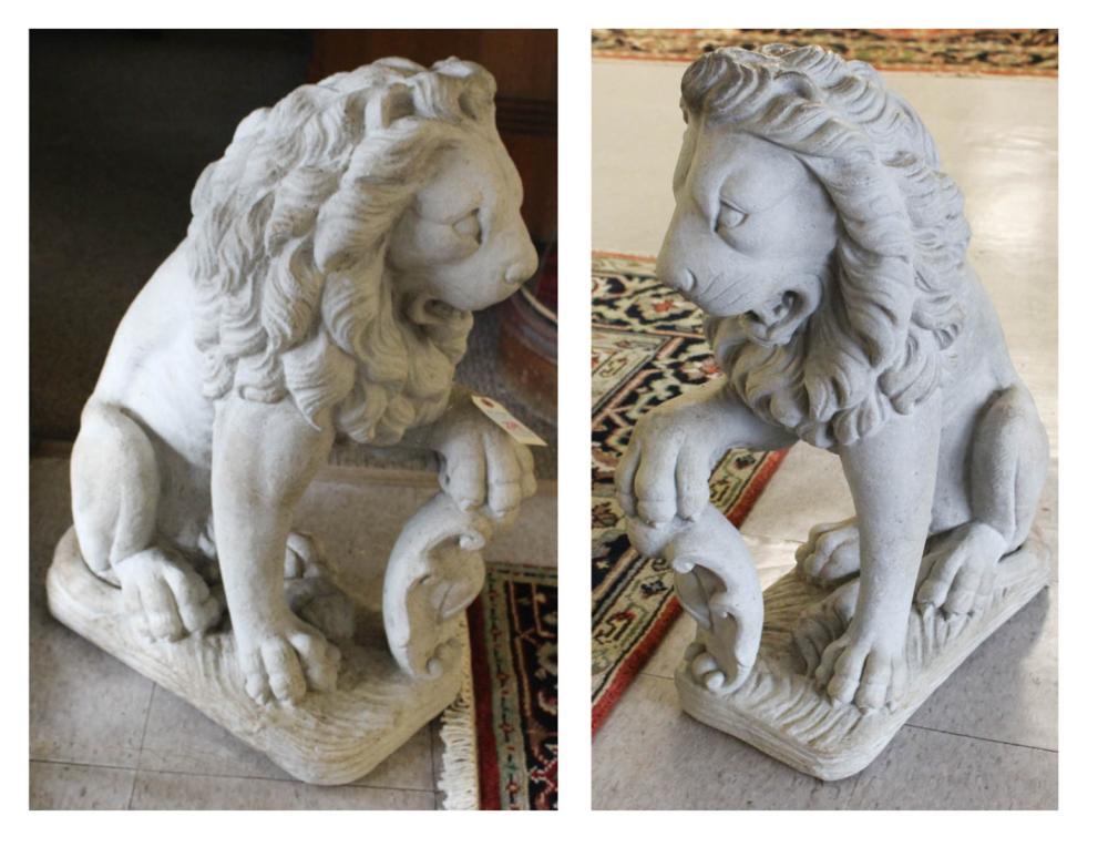 Appraisal: PAIR OF CAST CONCRETE GUARDIAN LIONS seated pose H lbs