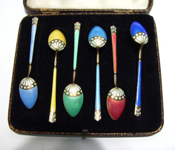 Appraisal: Cased set of six Art Deco Continental silver and coloured