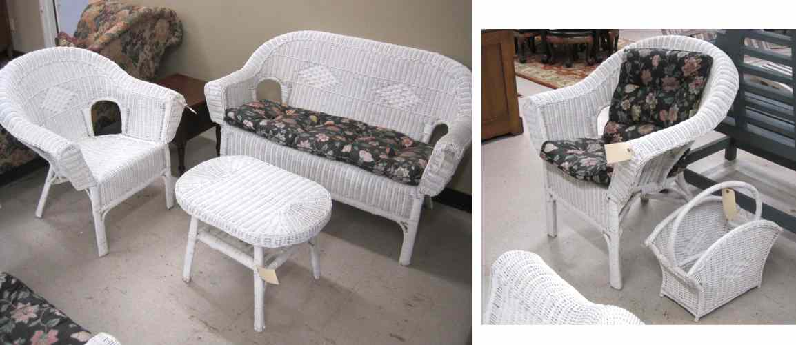 Appraisal: FIVE-PIECE WHITE WICKER FURNITURE SET settee pair armchairs coffee table