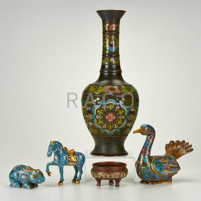 Appraisal: ASIAN Three cloisonne animals champleve vase and footed bowl th