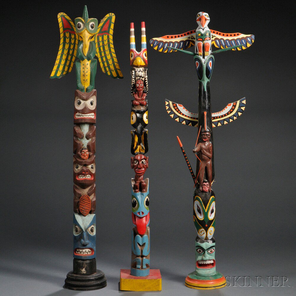 Appraisal: Three Polychrome Carved Wood Folk Art Totem Poles ht to