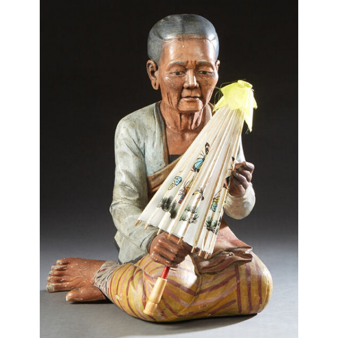 Appraisal: Burmese Carved Polychromed Figure of a Seated Older Woman th