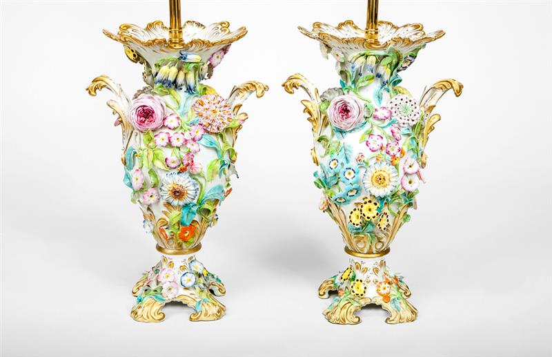 Appraisal: Pair of Floral-Encrusted Porcelain Vases Mounted as Lamps in and