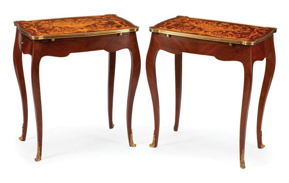 Appraisal: Pair of Louis XV-Style Bronze-Mounted Marquetry and Parquetry Side Tables