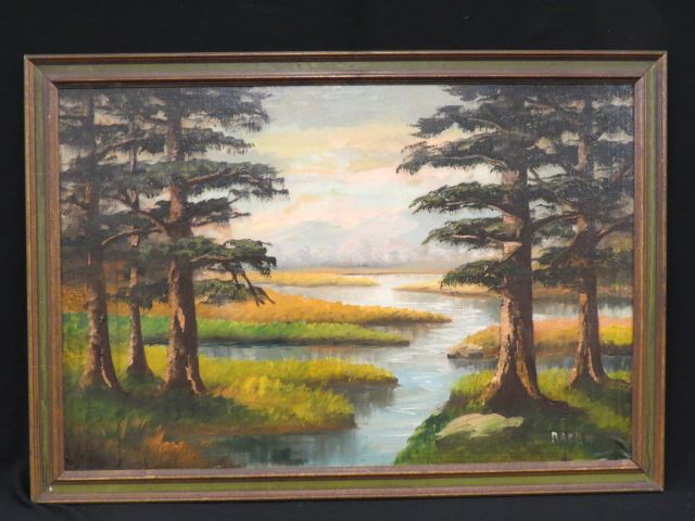 Appraisal: Antique Oil Painting landscape with waterway signed in canvas image