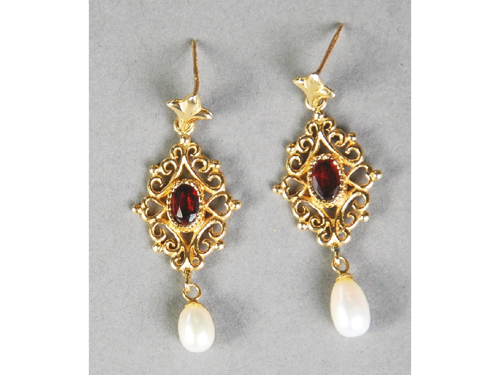 Appraisal: PAIR OF ct GOLD GARNET AND PEARL DROP EARRINGS each