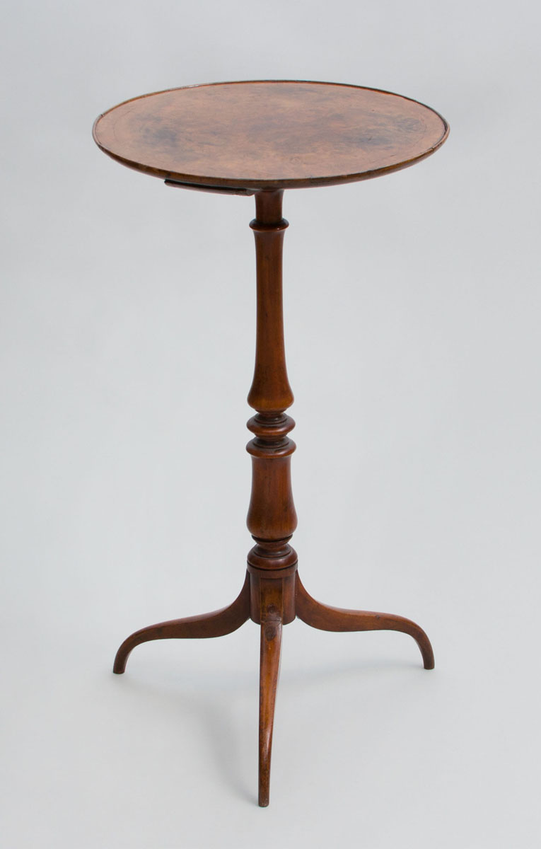 Appraisal: GEORGE III MAHOGANY AND BURL TRIPOD CANDLESTAND x in diam