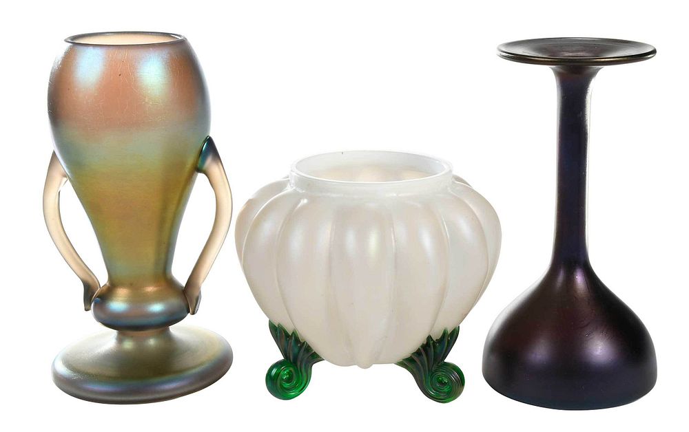 Appraisal: Three American Iridescent Art Glass Vases th century Tiffany attributed