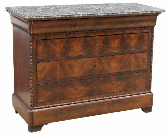 Appraisal: French marble-top mahogany commode th c top ogee drawer four