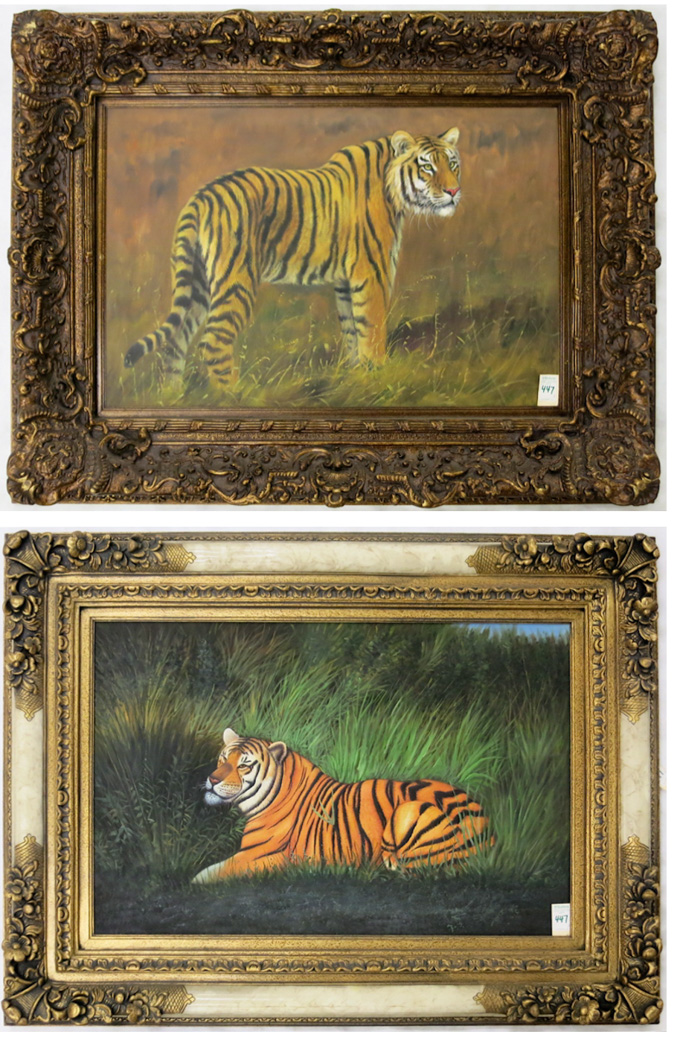 Appraisal: TWO TIGER OIL PAINTINGS ON CANVAS each a portrait of