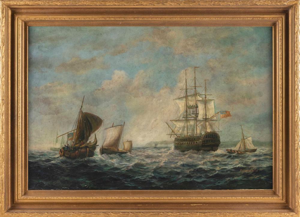 Appraisal: ROBERT SANDERS AMERICA TH CENTURY BRITISH WARSHIP OFF THE COAST