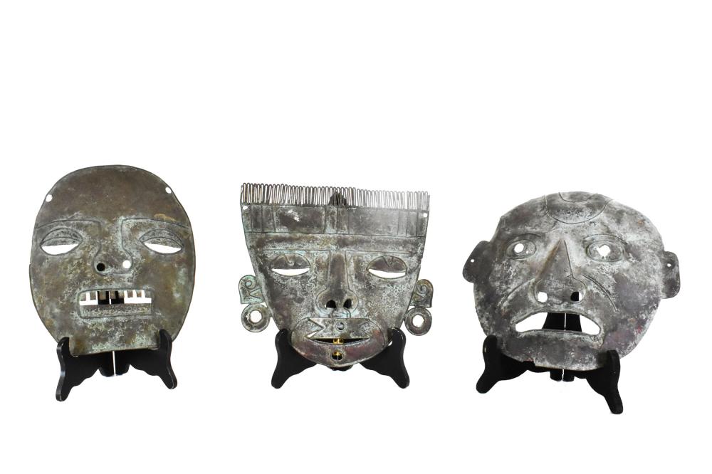 Appraisal: THREE MEXICAN PATINATED COPPER MASKSHeights in to in Widths in