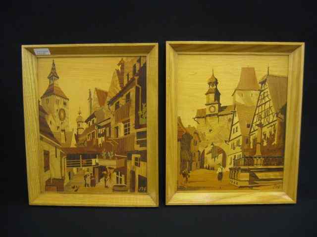 Appraisal: Pair of Marquetry Plaques village of Landsberg Rothenburg '' x