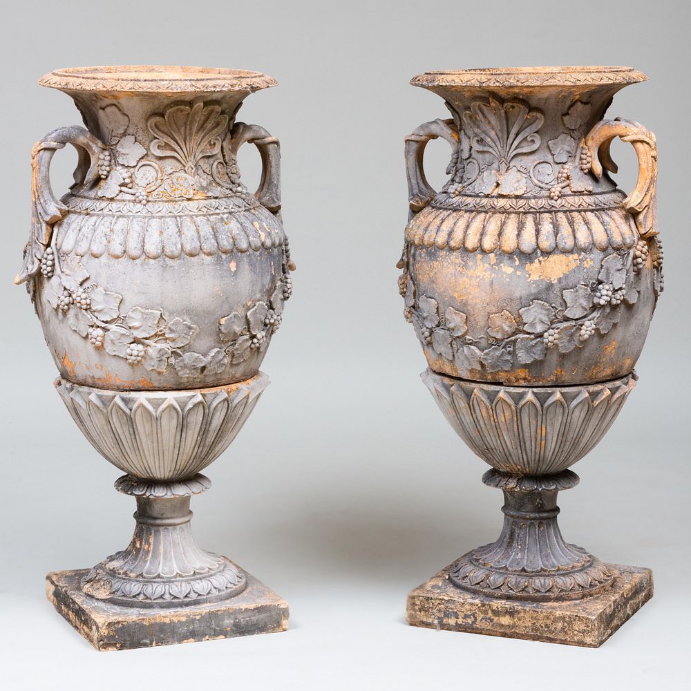 Appraisal: Pair of Large Italian Grey Painted Terracotta Garden Urns After