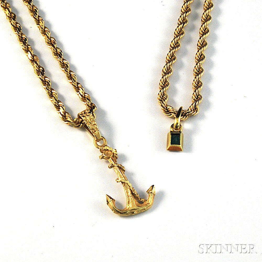 Appraisal: Two kt Gold Ropetwist Chain Necklaces one with an anchor