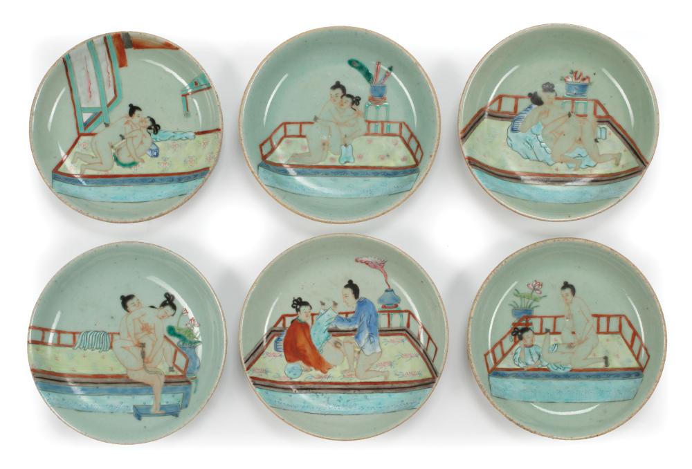 Appraisal: Set of Six Chinese Famille Rose Enameled Celadon Porcelain Erotic