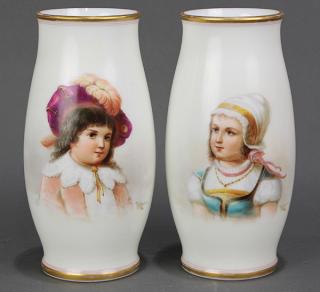 Appraisal: Pair of Bristol painted milk glass portrait vases having a