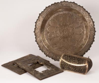 Appraisal: A Burmese white metal box a plate and a pair