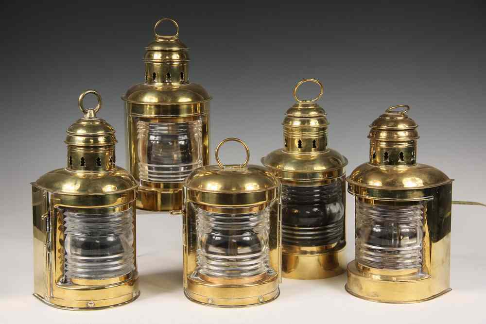 Appraisal: BRASS SHIPS RUNNING LIGHTS - Five Bulkhead Mount Clear Lens