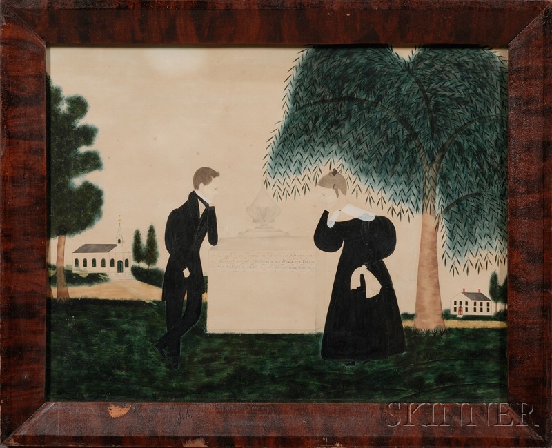 Appraisal: American School th Century Mourning Picture Unsigned Watercolor on thin