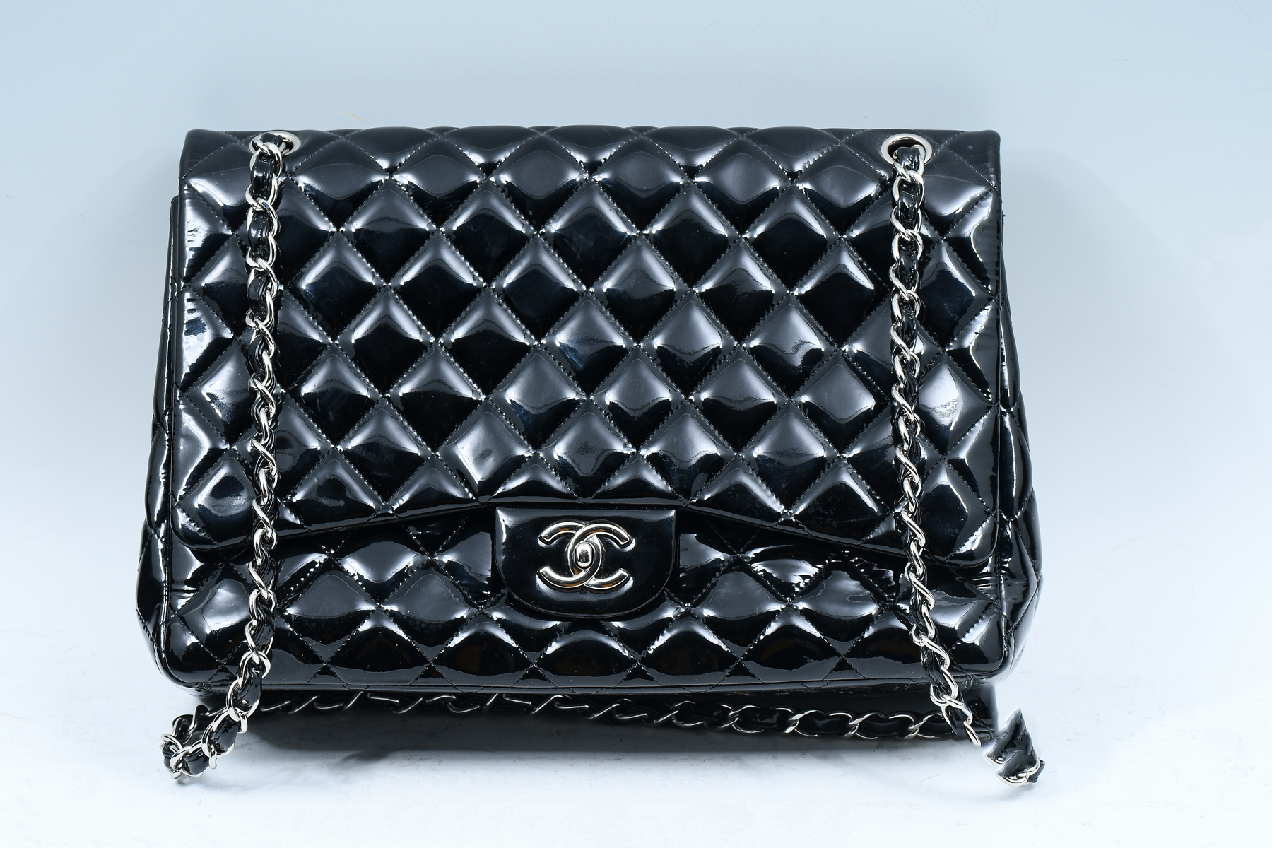 Appraisal: CHANEL BLACK PATENT QUILTED JUMBO DOUBLE FLAP BAG Dress up