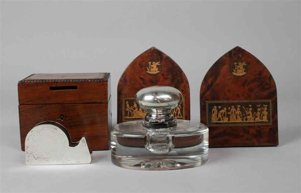 Appraisal: FOUR DESK ACCESSORIES including a French wood bank marked ''Epargnes''