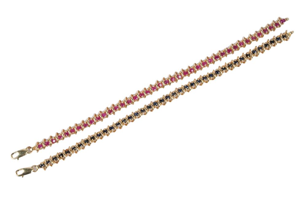 Appraisal: TWO KARAT YELLOW GOLD GEM-SET LINE BRACELETSone bracelet containing round