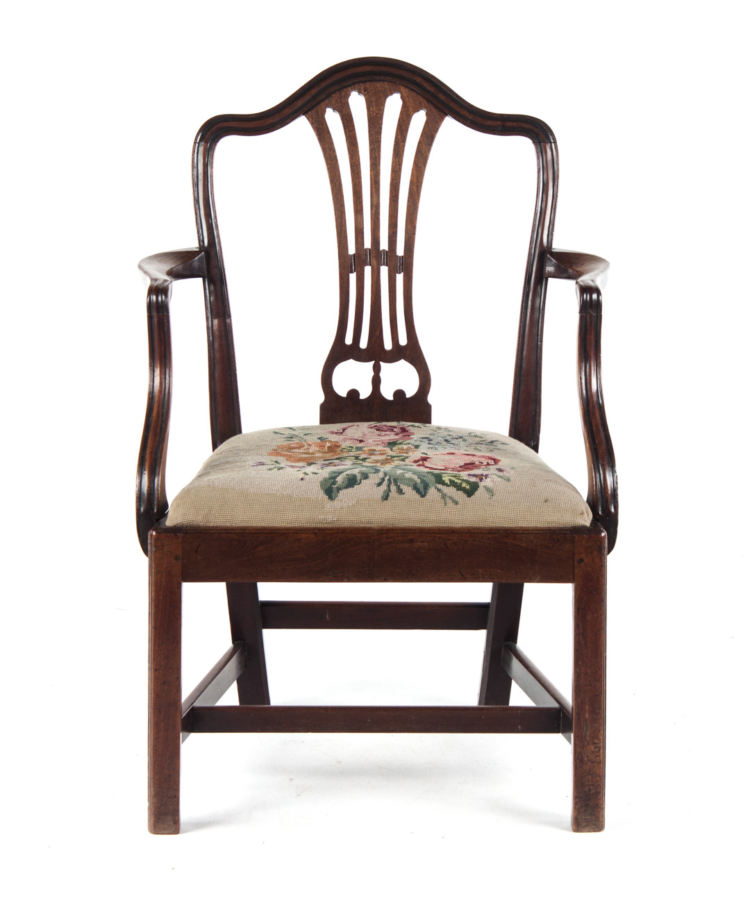 Appraisal: George III mahogany armchair curved crest rail openworked vertical splat