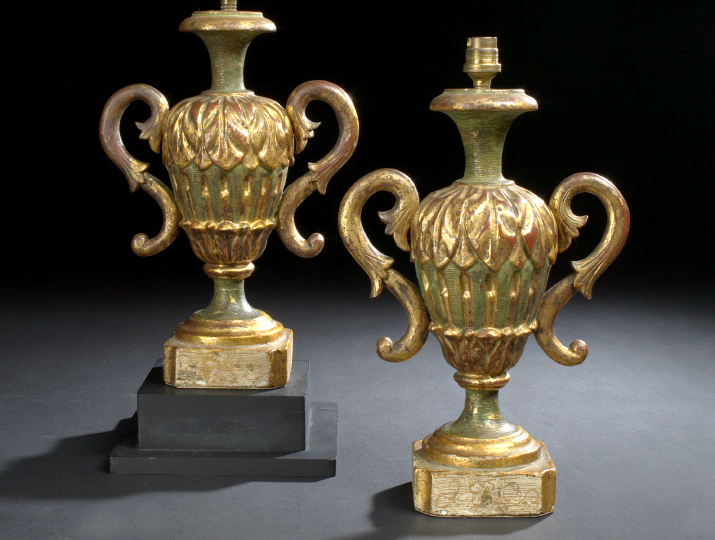 Appraisal: Pair of Italian Carved Green-Patinated and Parcel-Gilt Wooden Two-Handled Vases