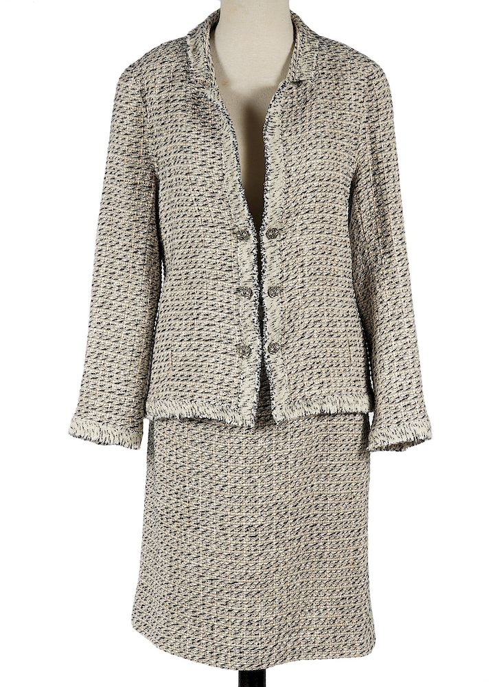 Appraisal: Chanel Beige Tan Black Tweed Skirt Suit Size Chanel Black