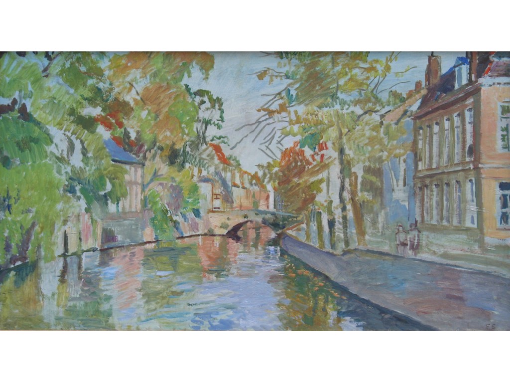 Appraisal: FAITH SHEPPARD Figures beside a canal monogrammed oil on canvas