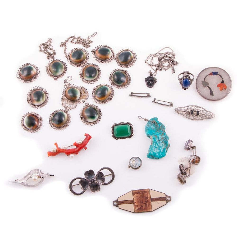 Appraisal: Collection of gem-set and silver vintage jewelry set with cultured