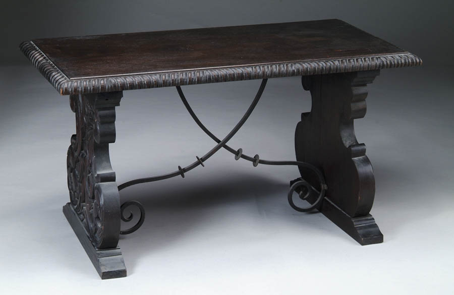 Appraisal: NICE CARVED BENCH STAND Trestle style stand has two heavily