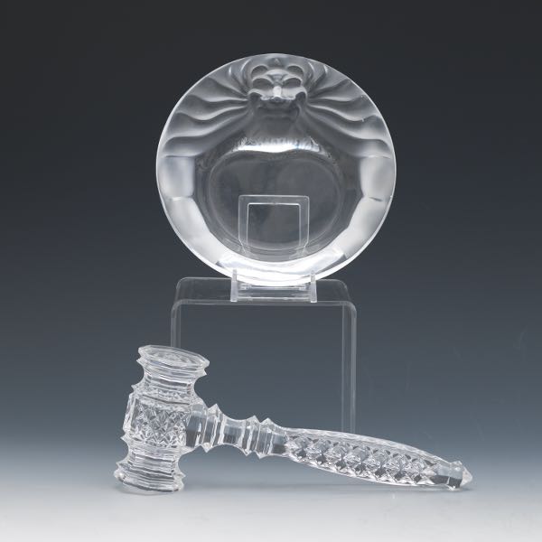 Appraisal: WATERFORD CRYSTAL GAVEL AND LALIQUE LION ASTRAY Waterford crystal gavel