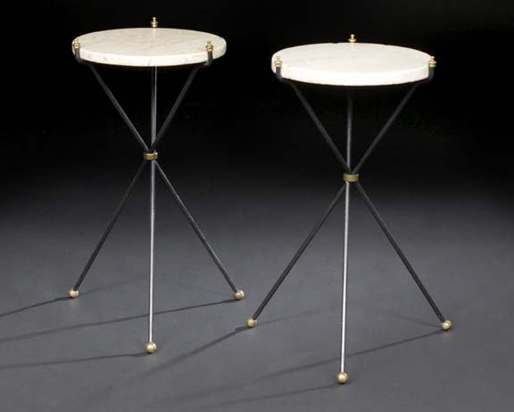 Appraisal: Pair of Directoire-Style Ebonized Metal and Marble-Top Occasional Tables each