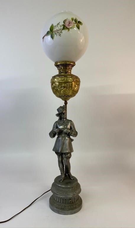 Appraisal: Spelter metal figure lamp with brass font h x dia