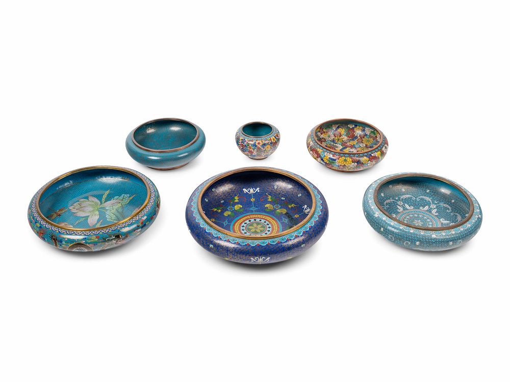 Appraisal: Six Chinese Blue Ground Cloisonne Enameled Brush Washers Six Chinese