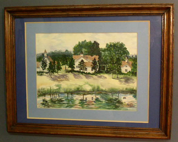 Appraisal: Watercolor landscape painting of a lake with houses by Darlene