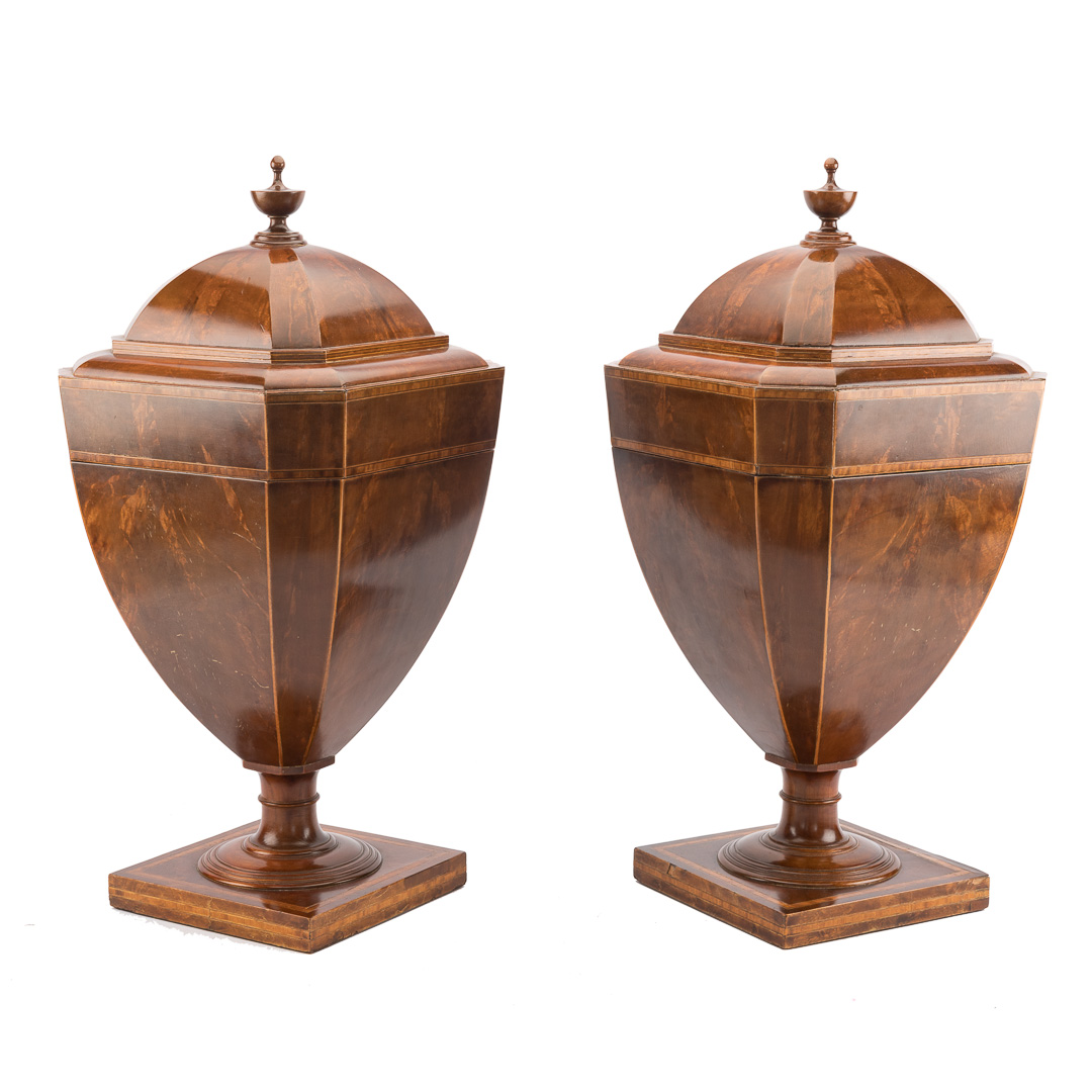 Appraisal: Pair Regency inlaid mahogany knife urns circa octagonal urn form