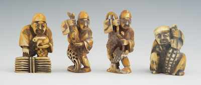 Appraisal: Four Carved Ivory Netsuke Of Male Figures Each carved figures