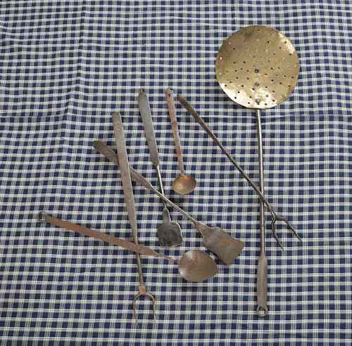 Appraisal: Group of th c wrought iron and brass utensils