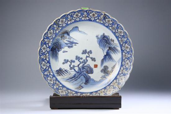 Appraisal: JAPANESE BLUE AND WHITE PORCELAIN CHARGER Meiji period Riverscape decoration