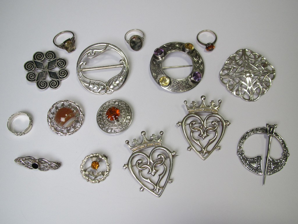 Appraisal: Lot of Scottish silver and stone set brooches and rings