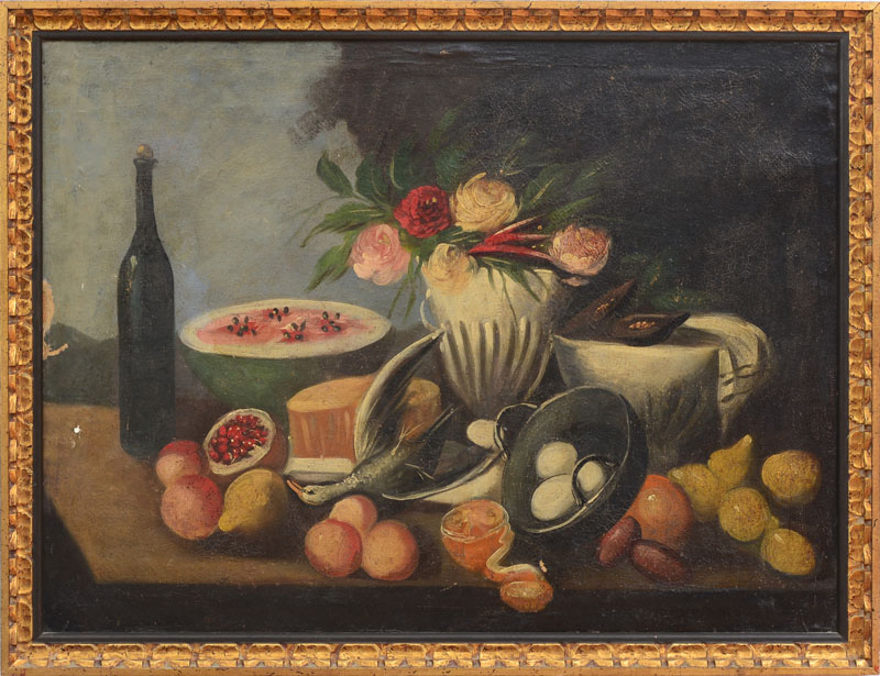 Appraisal: EUROPEAN SCHOOL STILL LIFE WITH GAME FRUIT AND VASE OF