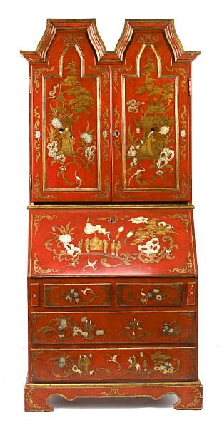 Appraisal: A Queen Anne style scarlet japanned secretary bookcase height ft