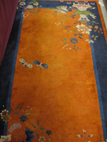 Appraisal: Chinese Handmade Art Deco Rug Nichols type floral orange-red field