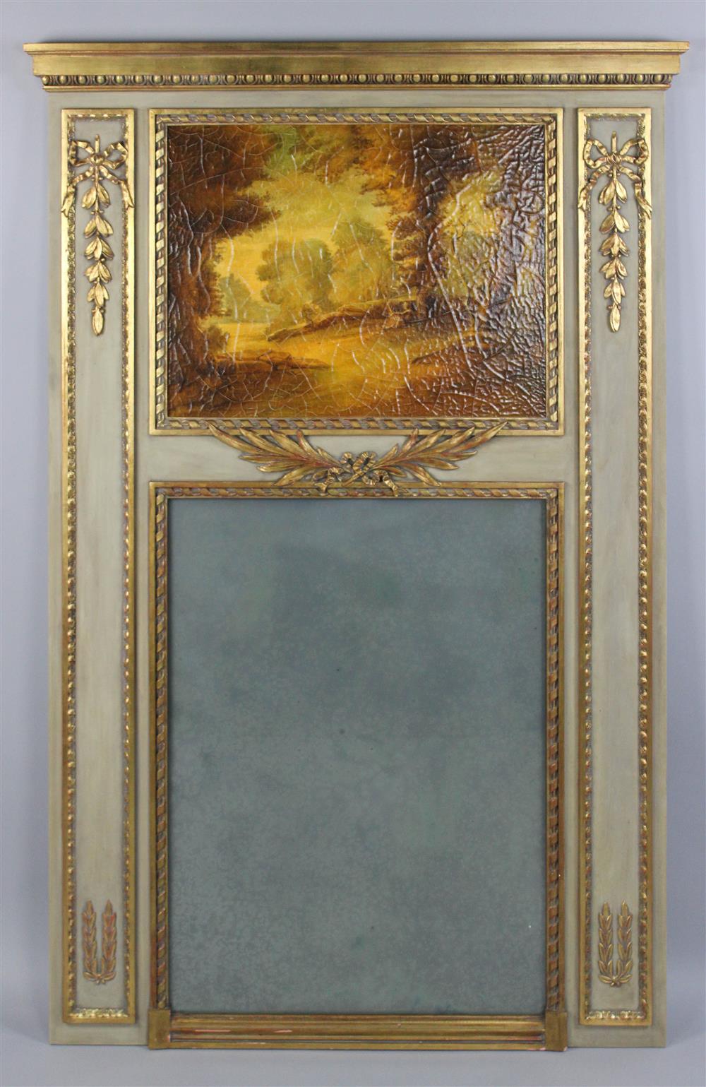 Appraisal: LOUIS XVI PARCEL GILT AND PAINTED TRUMEAU MIRROR the upper