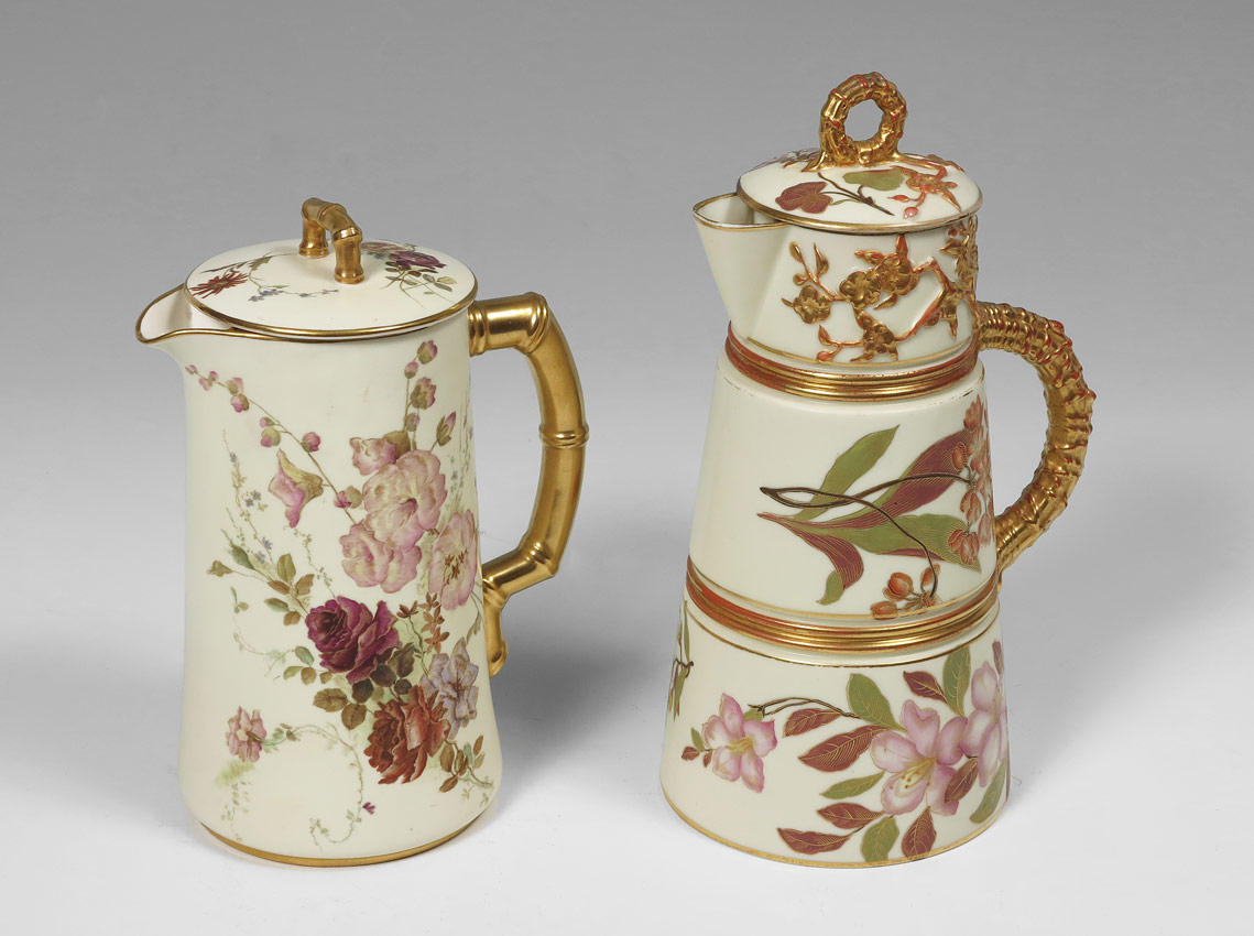 Appraisal: ROYAL WORCESTER CHOCOLATE POTS Each decorated in a floral design