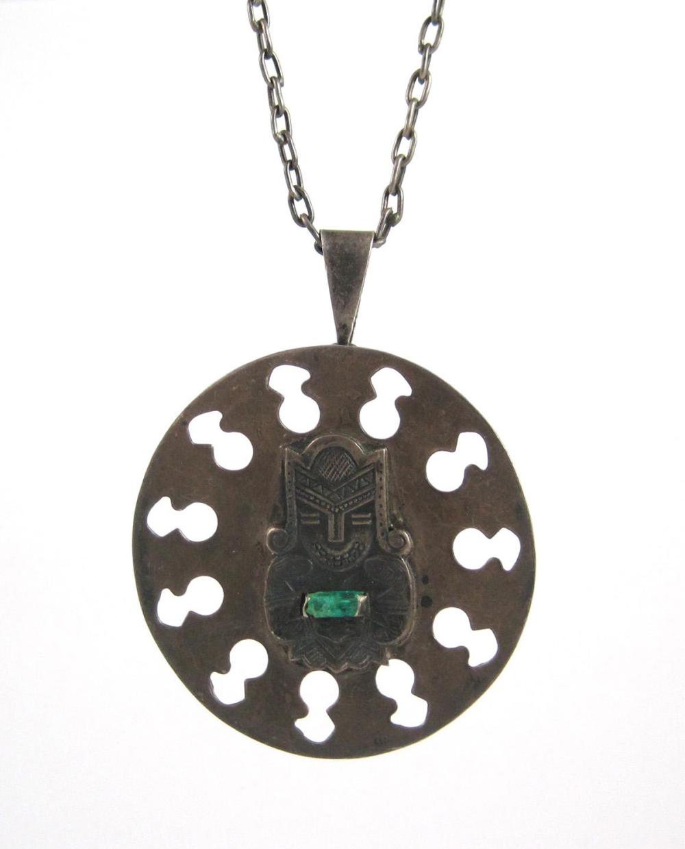 Appraisal: EMERALD AND SILVER MAYAN AZTEC PENDANT NECKLACE with a -